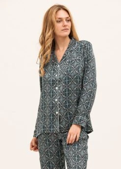 Seville Blue Silk Pyjamas -Fashion Pajama Shop british made silk pyjamas sb