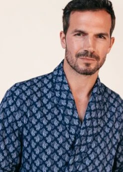 Botany Blue Paisley Dressing Gown -Fashion Pajama Shop mens luxury cotton dressing gown bb