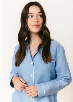 Brighton Blue Linen Pyjamas -Fashion Pajama Shop plain blue linen pyjamas bb