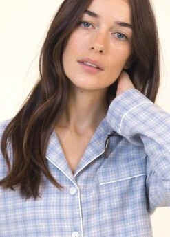 Sandwood Check Wool Blend Pyjamas 9 Sandwood Check Wool Blend Pyjamas -Fashion Pajama Shop womens luxury blue check pyjamas sc2